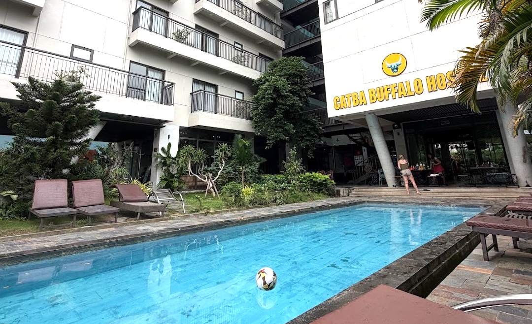 Pool im Buffalo Hostel auf Cat Ba mit Liegestühlen und Blick auf das Hostelgebäude